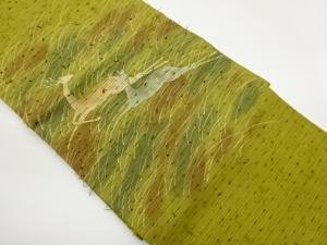 ひげ紬民芸手織手描き芝に抽象鹿模様名古屋帯